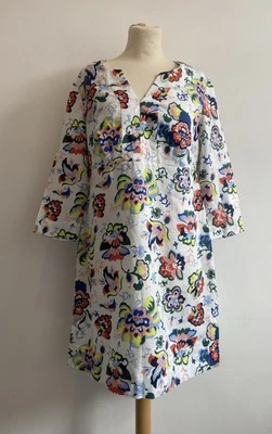 Boden White Floral 100% Linen Dress Size 12R Uk 3/4 Sleeve Tunic Summer Beach - Image 1 of 4