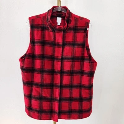 J. Jill Vest Womens XL Red Black Plaid Full Zipper Snap Button Wool Blend - Image 1 of 4