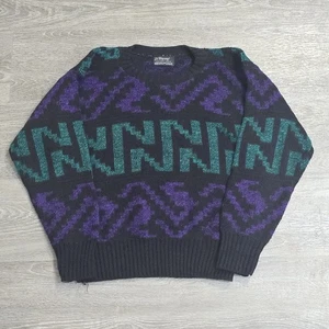 Vtg 80s Di Vincent Crewneck USA Knit Sweater Teal Black Purple Abstract Size M/S - Picture 1 of 16