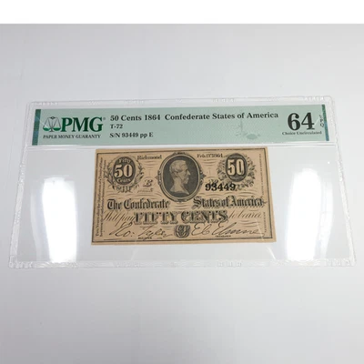 Billete de 50c 1864 PMG Choice UNC64 EPQ CSA Estados Confederados de América T-72 57272F Foto 1 de 3