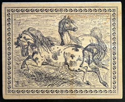 Estampillas de goma magenta dos caballos salvajes galopando a través de pastos collage marco grande Foto 1 de 2