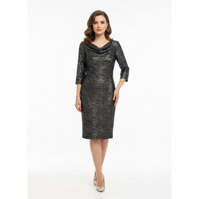 Metallic Sheath Dress Size 8 Waterfall Neck Pinup Tweed Cocktail Party - Image 1 of 4