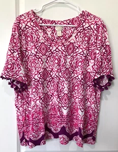 Chicos Knit Top Size 3 XL Short Sleeve Pink Purple Pattern Top Tassels - Picture 1 of 7