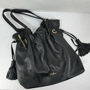 Cole Haan schwarze große genarbte Leder Schulter Handtasche Beuteltasche Quasten Cinch Top - Bild 1 von 12