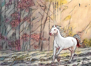 ORIGINAL Hand Painted Watercolor and Pen Art Card (ACEO) Fantasy Art: Horses