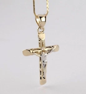 14k Yellow & White Gold Hollow Cross Jesus Pendant Charm - Picture 1 of 7