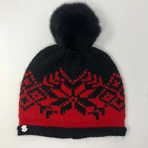 Spyder schwarz rot nordisch Strick Wollmischung Beanie authentisch Kaninchenfell Bommel Einheitsgröße - Bild 1 von 8