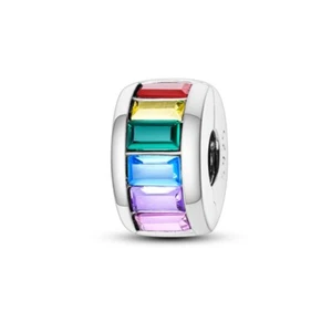 MULA European Silver Plated Clip Charm Square Colorful AAA CZ For Women Bracelet - Picture 1 of 5