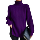 Ladies Casual Knitted Sweater High Neck Tops Women Baggy Side Split Solid Jumper