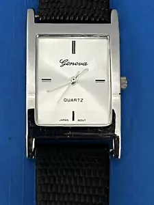 GENEVA Tank Square Quartz Wristwatch Leather Strap White Dial & Silver Metal Cas - Picture 1 of 10