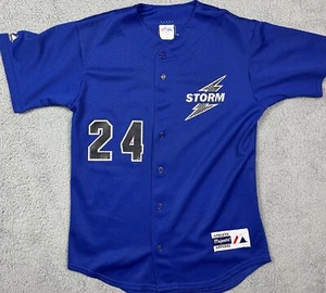 Storm Bowling Uniform Baseball Button Up Trikot blau Majestic #24 Größe S - Bild 1 von 8