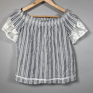 Laundry by Shelli Segal Off-Shoulder Lace Detail Striped Blouse Blue Size M - Picture 1 of 8