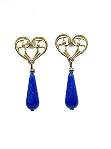 Etruscan Revival Brushed Gold Heart Faux Blue Lapis Teardrop Dangle Earrings - Picture 1 of 5