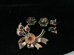 Vintage kupferfarbene Wash over Sterling Silber Brosche & 2 Pr Ohrringe mit Steinen - Bild 1 von 4