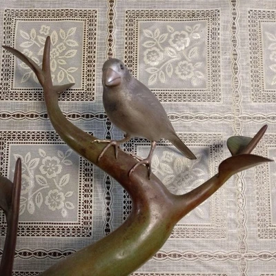 Bird on Tree Metal Statue 10.2 inch Japanese Figurine Nightingale - Image 1 of 4