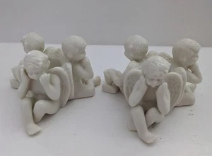 Set of 2 Candlestick Holders Bisque Porcelain - Classic Three Cherub Angels - Picture 1 of 8