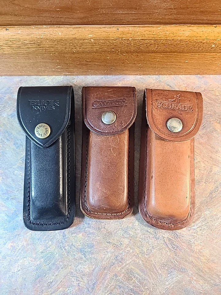 Lote de tres fundas para cuchillos de cuero, Schrade, Buck, Camillus (solo fundas) Foto 1 de 2