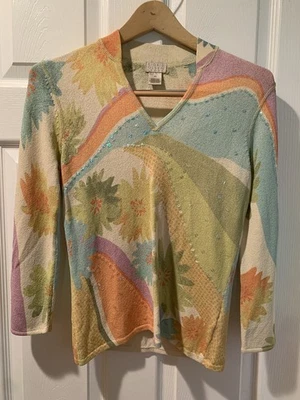Suéter Sigrid Olsen Sport Manga 3/4 Tropical Pastel Floral Lentejuelas Talla XS Foto 1 de 4