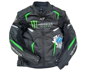 MEN'S ALPINESTARS MONSTER ENERGY Cowhide Motorbike Racing Biker Leather Jacket - Picture 1 of 10
