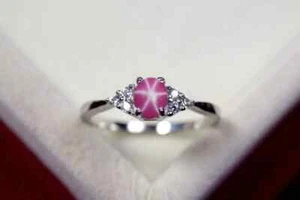 Genuine Star Ruby Ring 6 Star Ring Oval 5x7mm Pink Star Ring 925 Silver Ring  - Picture 1 of 2