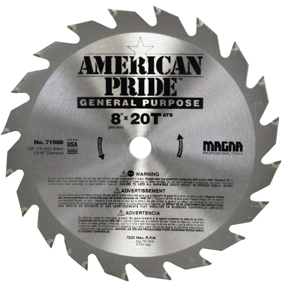 AMERICAN PRIDE BY VERMONT AMERICA 8 Inch x 20T Carbide Tipped Circular Sawblade - Closeout Special!