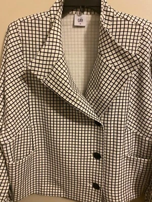 Jaqueta CABI Windowpane preta branca assimétrica lisonjeira média versátil - Imagem 1 de 4