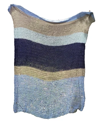 Cobertor de arremesso feito à mão crochê 100% lã marrom azul colorblock listrado arte popular - Imagem 1 de 4