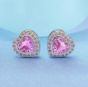 925 Sterling Silver Pink Heart Ear Stud Earrings Womens Girls Jewellery Gifts UK - Picture 1 of 4