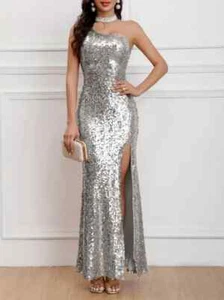 NEW SILVER Solid Sequin High Slit Evening Gown Stage Dress Prom Party medium 6-8 - Picture 1 of 3