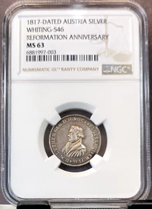 1817 AUSTRIA SILVER WHITING 546 LUTHERAN REFORMATION NGC MS 63 RARE TOP POP 1 - Picture 1 of 3