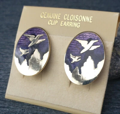 Pendientes Clip Paisaje Pájaros Voladores Esmalte Cloisonne 1 Pr Tu Elección de Color Foto 1 de 4
