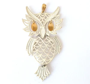 Collier pendentif hibou 4" blanc rétro hippie métal patine unique vintage années 70 - Photo 1/2