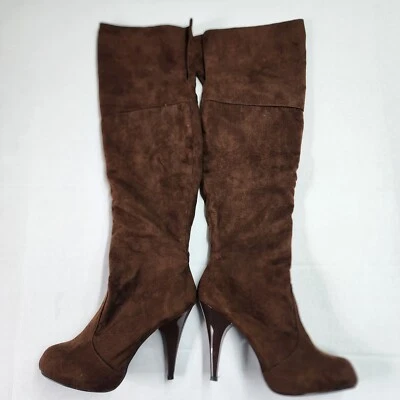 Anne Michelle Brown Suede Knee High Heeled Boots Size 8 Zipper Preowned. - Image 1 of 4