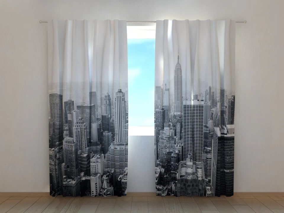 Curtain with New York in Black and White Print Wellmira Ready Made 3D Bedroom  Foto 1 de 4