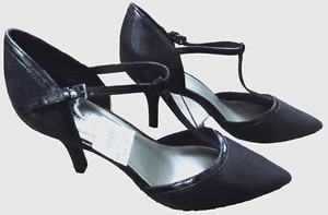 FIONI NIGHT Snake Stiletto Pumps 3" Heels Patent Black T Strap Classy 7.5 NWT - Picture 1 of 7