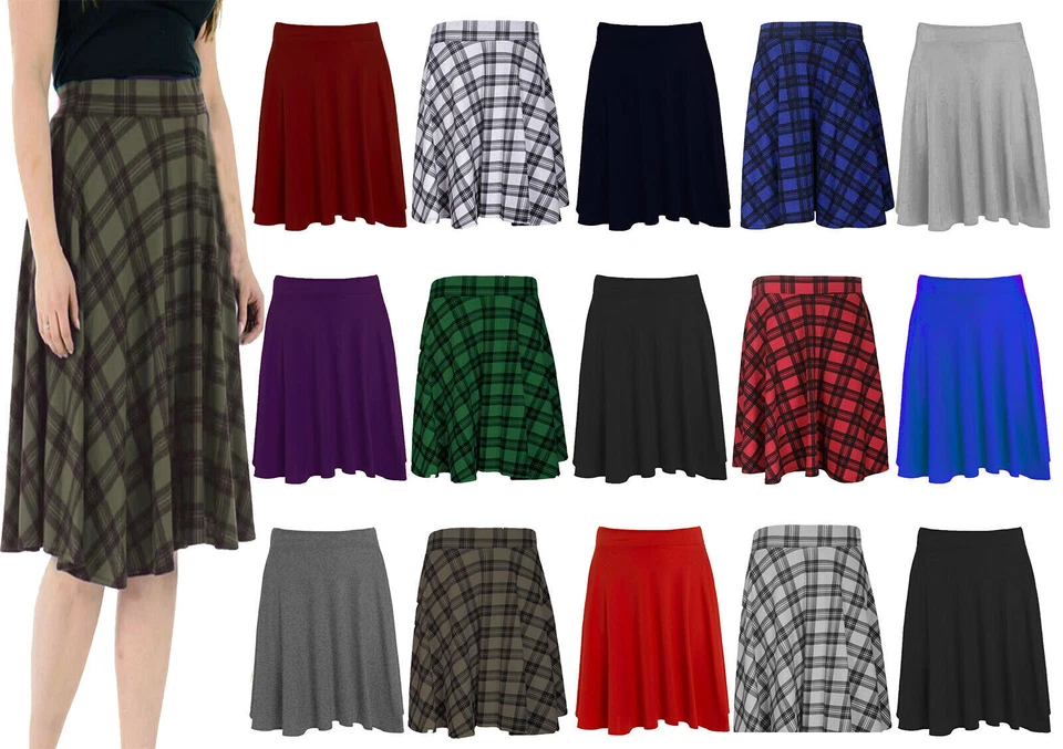 Womens Plus Size Plain Knee Length Ladies Soft Stretch Flared Skater Midi Skirt
