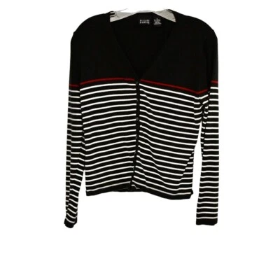 Cárdigan suéter vintage para mujer Hillard & Hanson negro blanco rojo rayas talla Foto 1 de 4