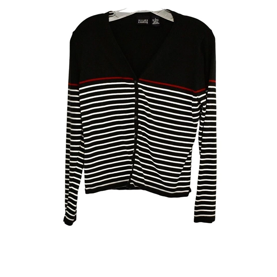 Cárdigan suéter vintage para mujer Hillard & Hanson negro blanco rojo rayas talla Foto 1 de 4