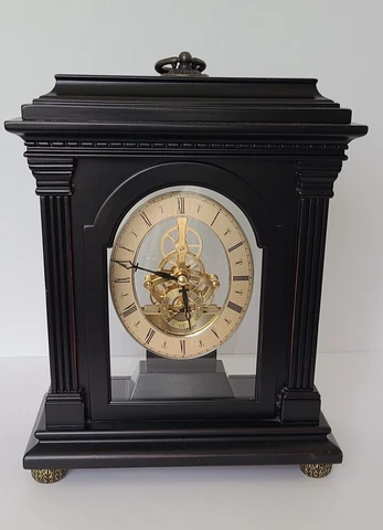 2004 Bombay Company 11"x9” Mantel Clock 3D Brass Clockworks in Wood & Glass Case Cover