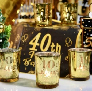 24 Votives/Shot Glass "40th Happy" Gold Glass Birthdays Anniversaries Reunions - Picture 1 of 7