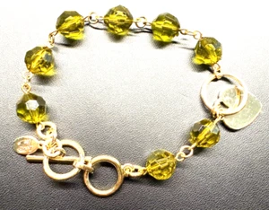 Gold Chain Link Bracelet With Green Beads And Charm - Picture 1 of 1
