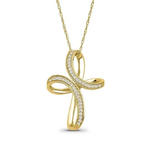14K Yellow Gold Diamond Cross Necklace 18" Silver Yellow Plated Rope Chain - Picture 1 of 5