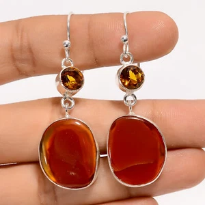 Natural Carnelian Citrine Gemstone 925 Silver Handmade Earrings 2" ARE-4076 - Picture 1 of 3