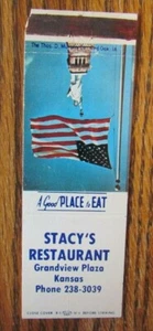 GRANDVIEW PLAZA, KANSAS: STACY'S RESTAURANTE AÑOS 70 MATCHBOOK MATCHCOVER -E - Imagen 1 de 1