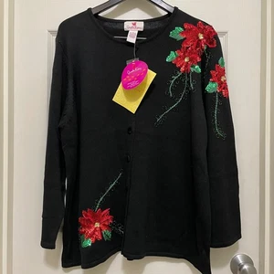 NEW Quacker Factory Christmas Cardigan Sweater Poinsettia Sequin Beaded 1X - Picture 1 of 8