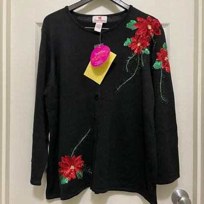 NEW Quacker Factory Christmas Cardigan Sweater Poinsettia Sequin Beaded 1X - Image 1 of 4
