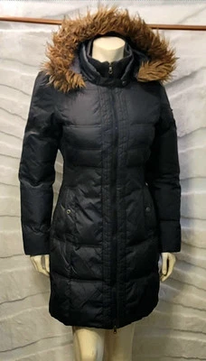 Abrigo Larry Levine Negro Pluma Relleno Puffer Extraíble Piel Sintética Recortada Capucha Med Foto 1 de 4