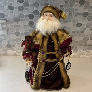 Weihnachtsmann Weihnachtsbaumspitze 17" Burgunder Braun Pelzbesatz Samt Mantel Uhr - Bild 1 von 6
