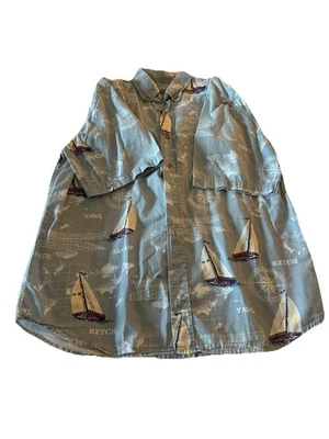 Michael Austin Rugged Wear Men Hawaiian Shirt L Sail Boats Compass - Image 1 of 3
