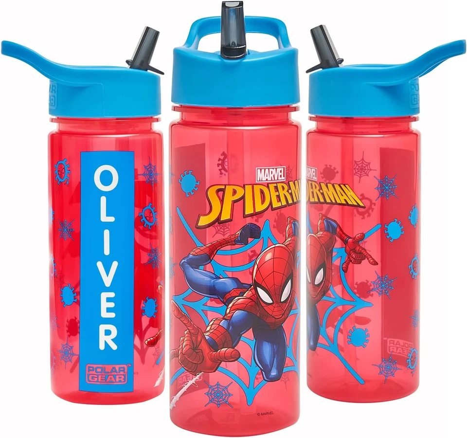 Marvel Spider-Man Personalised Sticker Water Bottle with Straw 500Ml – Official